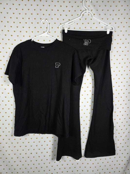Victorias Secret Pink Black Logo Tee Shirt & FOLDOVER Yoga Pants SMALL SET