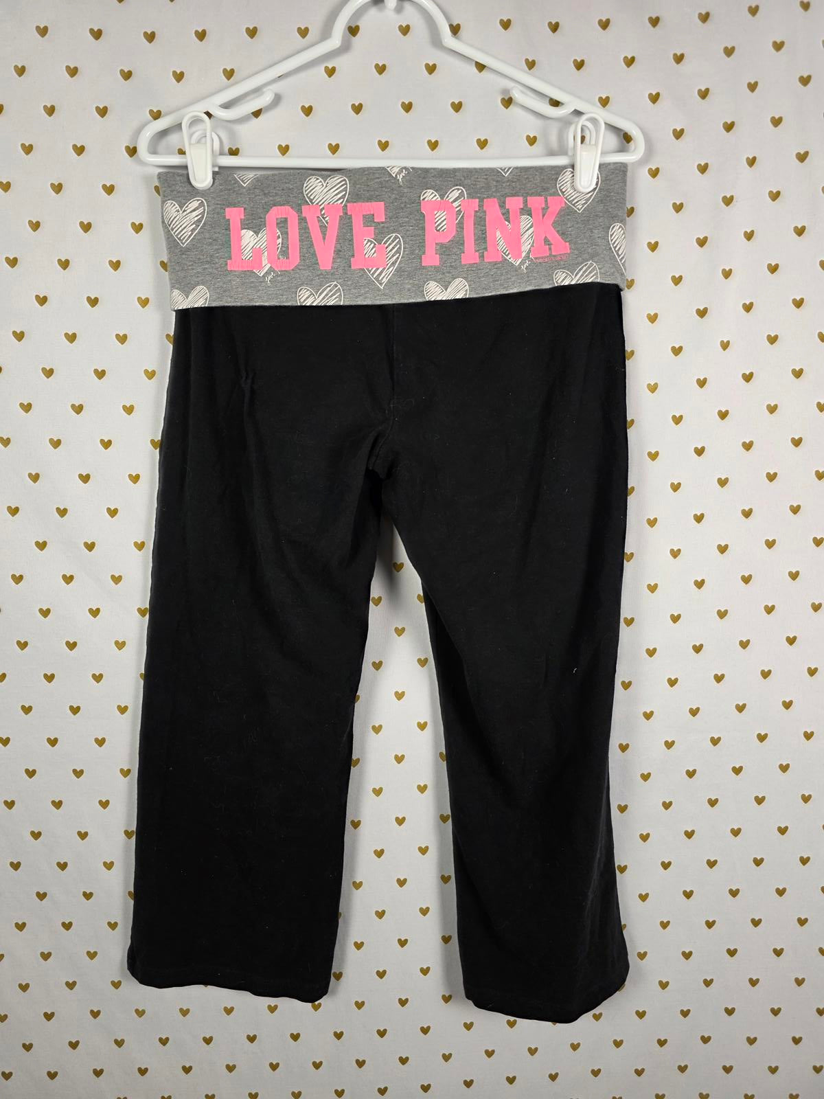 Victorias Secret PINK LOVE HEARTS Vintage Foldover Capri Pants Medium Yoga