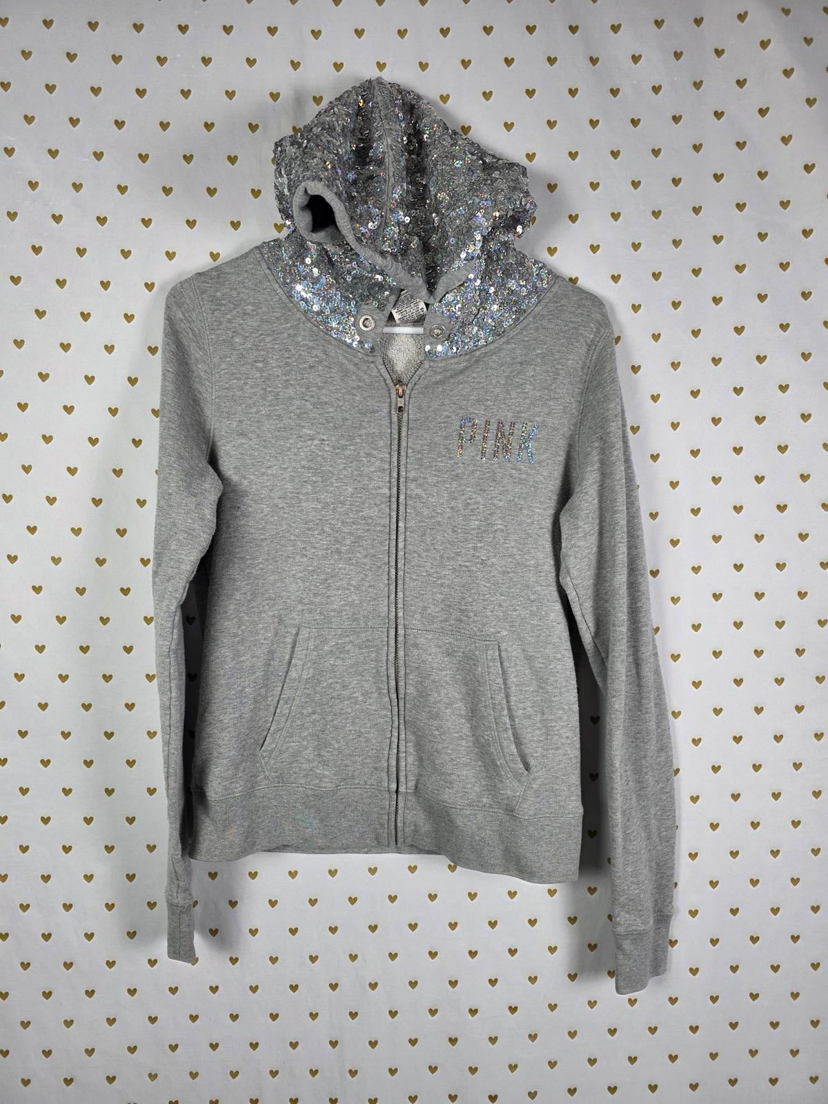 Victorias Secret Pink Grey Crest BLING SEQUINED Hoodie Jacket Small