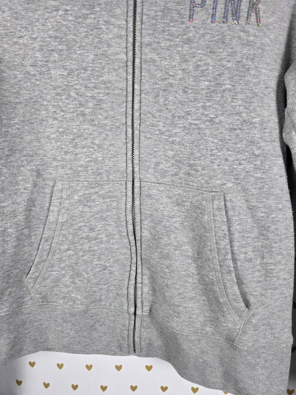 Victorias Secret Pink Grey Crest BLING SEQUINED Hoodie Jacket Small