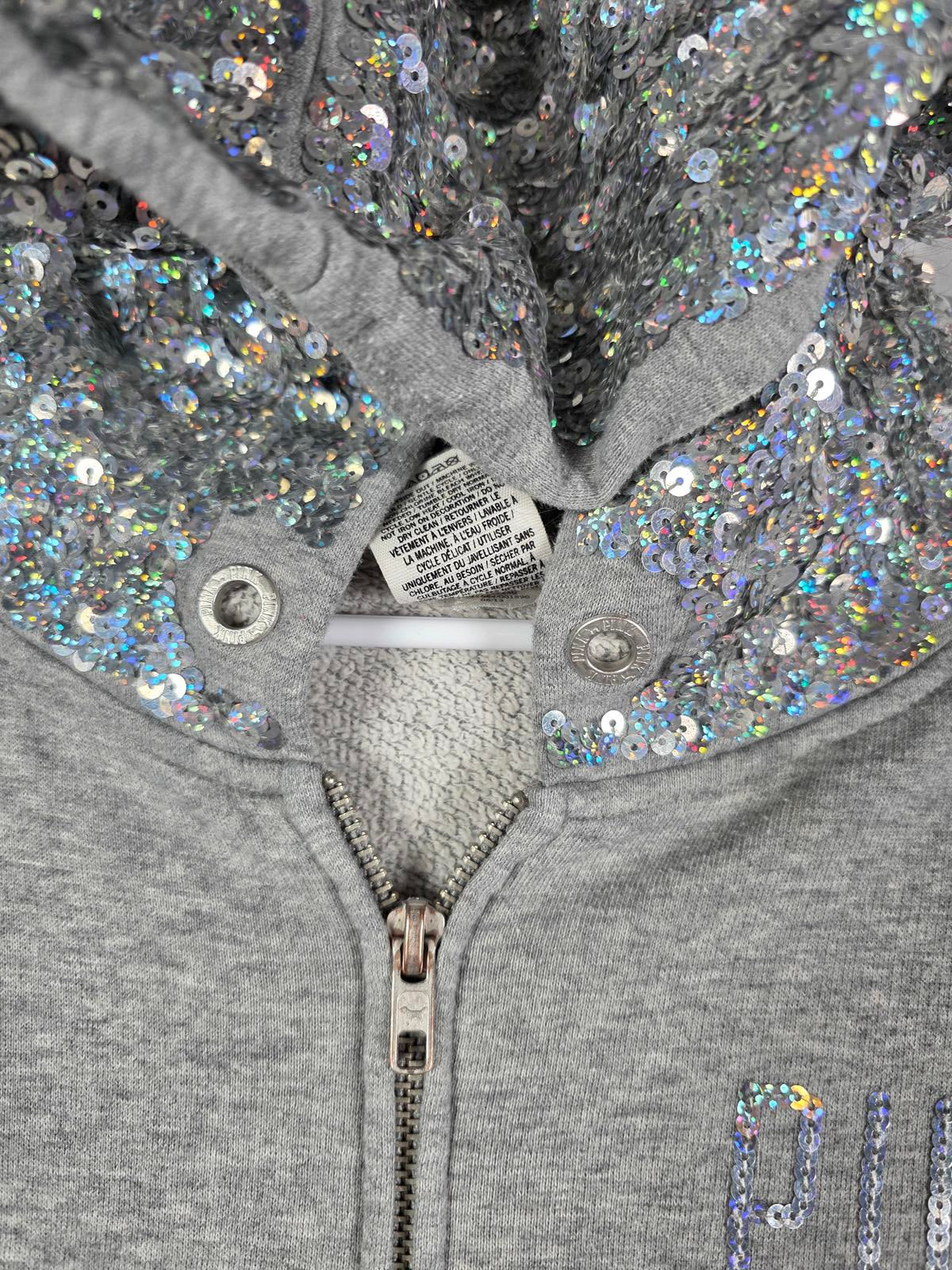 Victorias Secret Pink Grey Crest BLING SEQUINED Hoodie Jacket Small