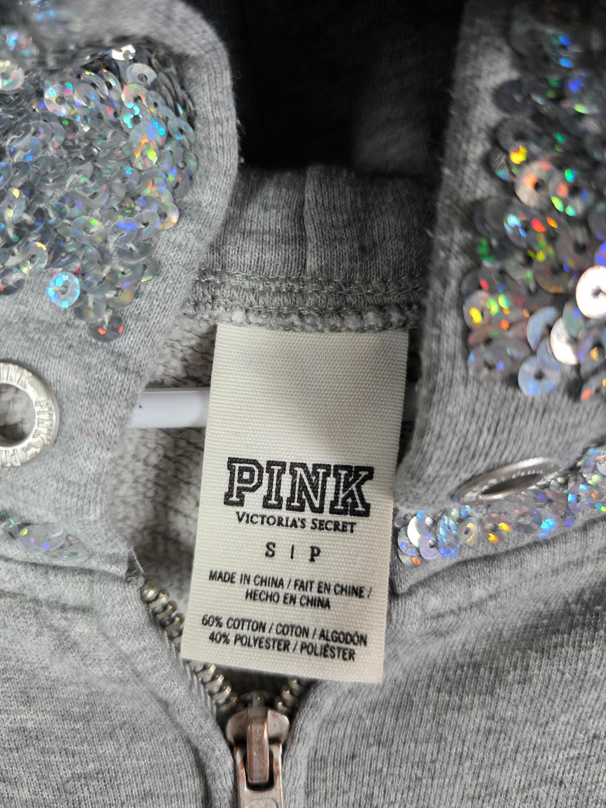 Victorias Secret Pink Grey Crest BLING SEQUINED Hoodie Jacket Small