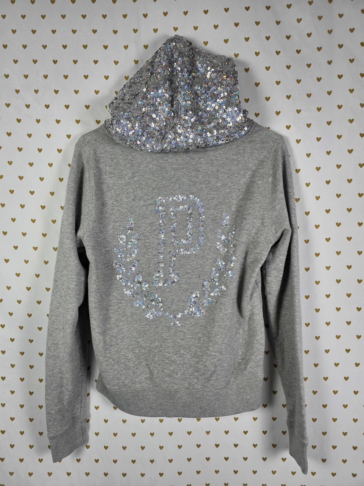 Victorias Secret Pink Grey Crest BLING SEQUINED Hoodie Jacket Small