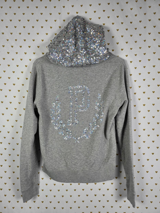 Victorias Secret Pink Grey Crest BLING SEQUINED Hoodie Jacket Small