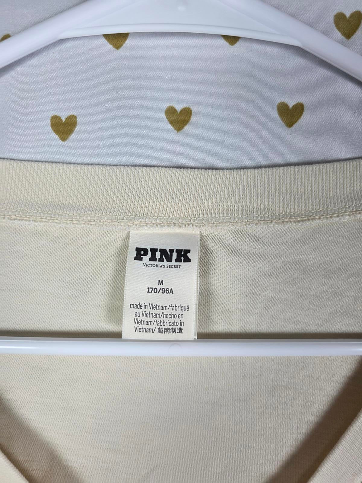 Victorias Secret PINK V neck Logo Tee shirt Long Sleeve cream MEDIUM