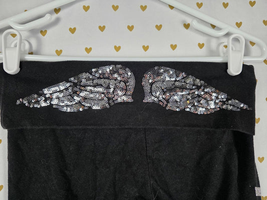 VICTORIAS SECRET ANGEL WINGS Sequin Glitter Capri xs Legging Black FOLDOVER Yoga