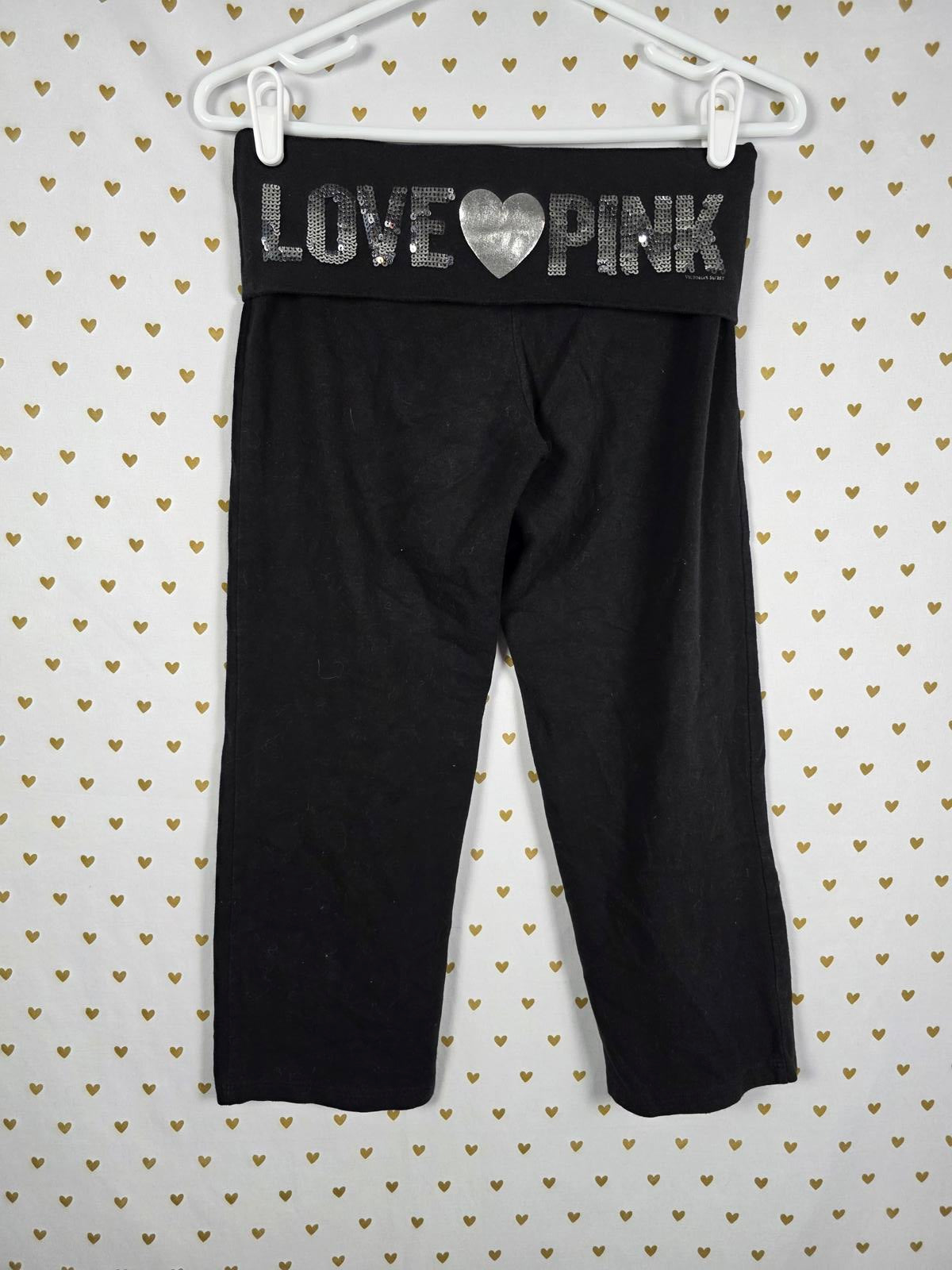 Victorias Secret PINK BLING SEQUINED Foldover Capri Yoga Pants VINTAGE SMALL