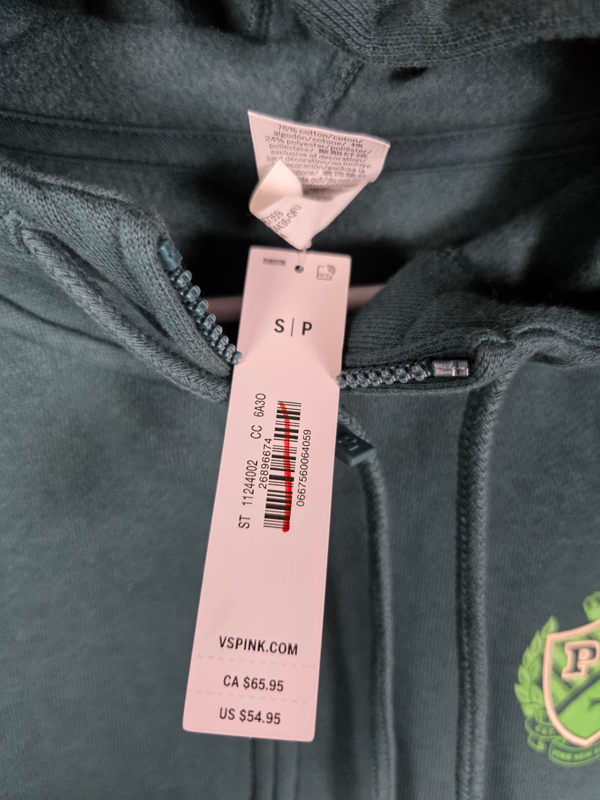 Victorias Secret Pink GREEN NEW NWT Full Zip Hoodie Jacket SMALL Crest Varsity