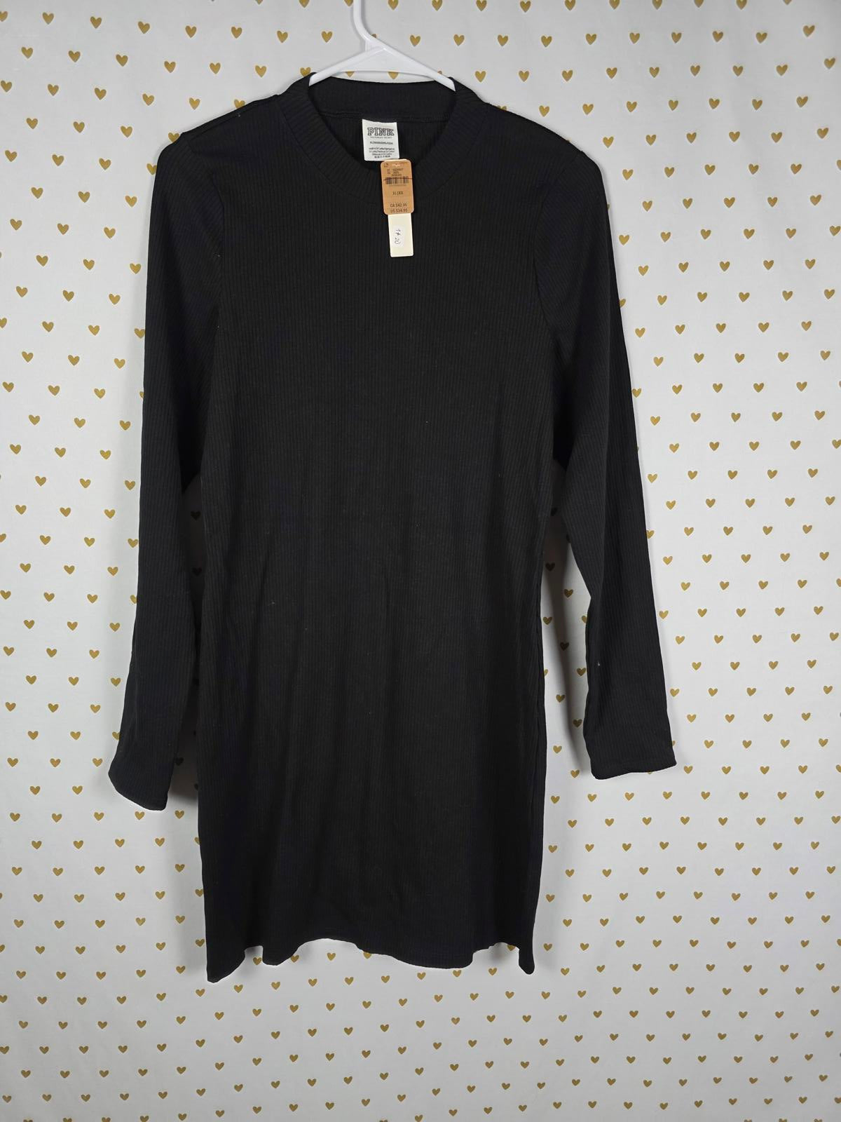 Victorias Secret PINK NEW NWT Black Ribbed Dress Long sleeve XL