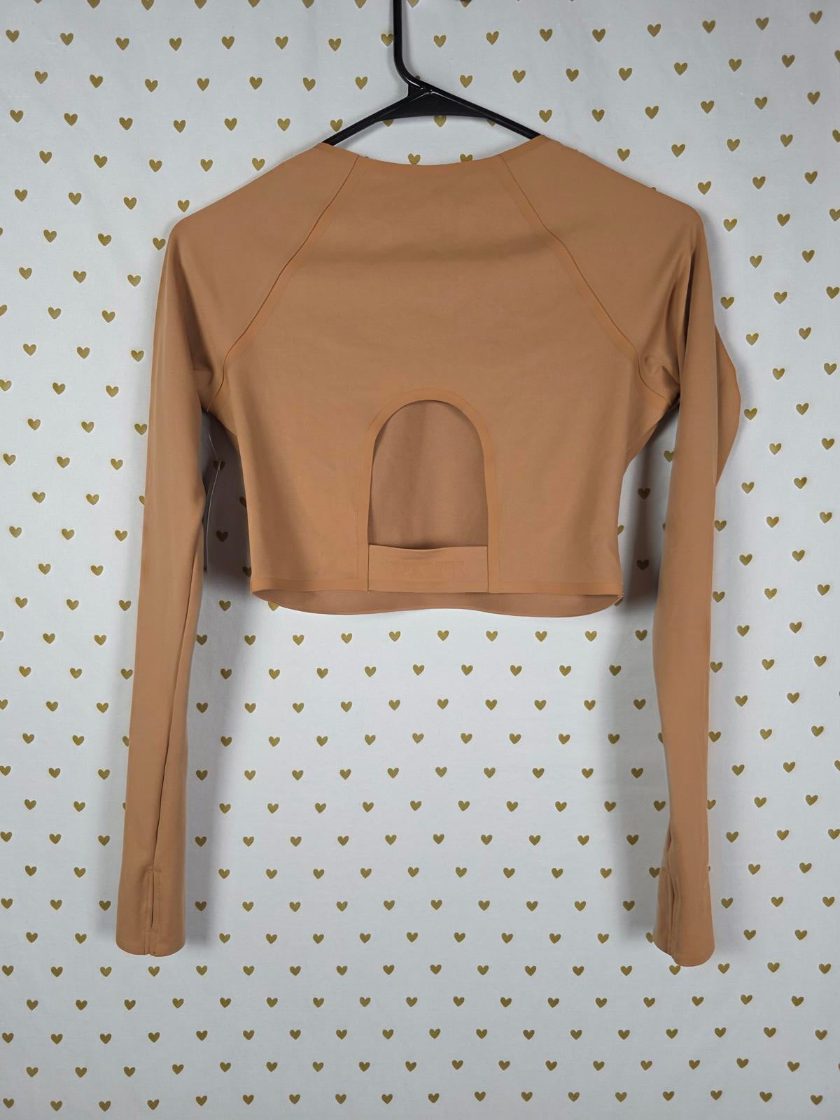 Victorias Secret PINK NEW Seamless Long Sleeve Active Open Back Brown Top NWT SM