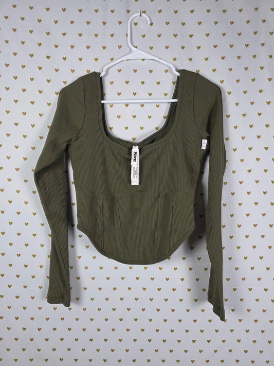 Victorias Secret PINK NEW Long Sleeve Crop Corset Shirt NWT XL Unlined Green