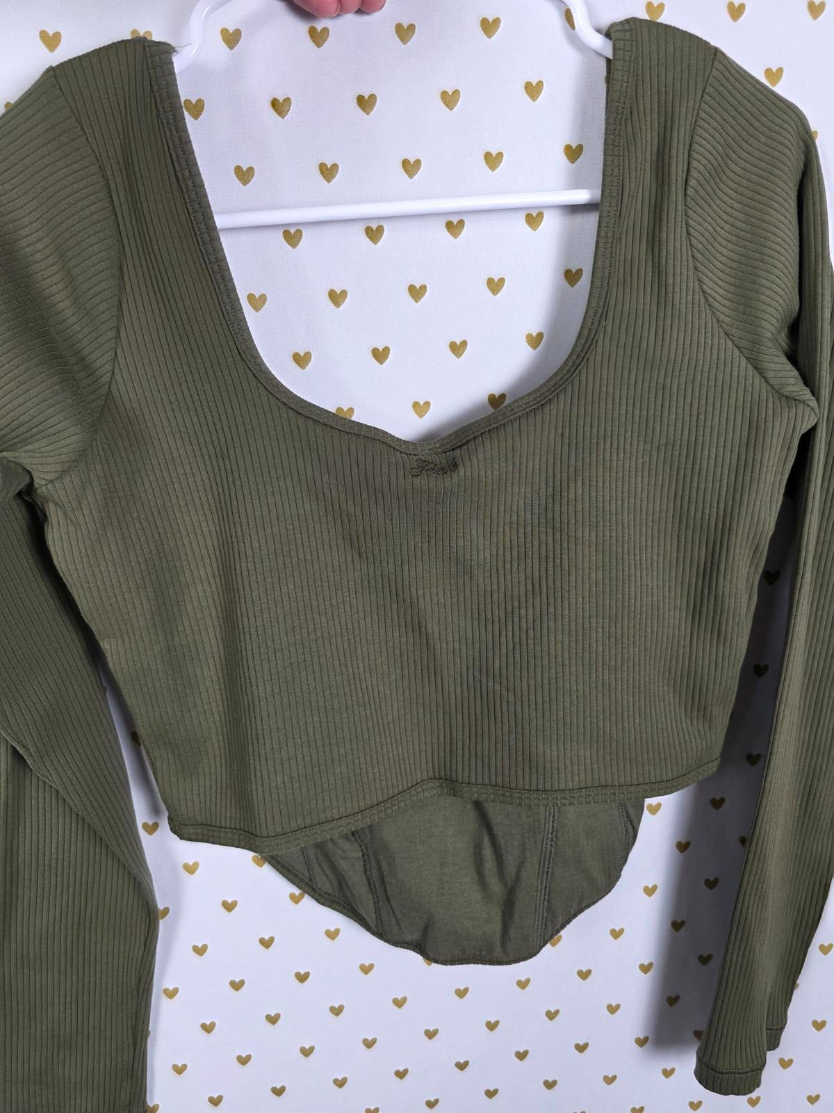 Victorias Secret PINK NEW Long Sleeve Crop Corset Shirt NWT XL Unlined Green