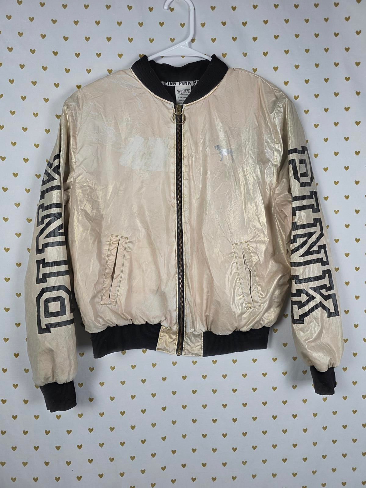 Victorias Secret Pink Beige Gold Bomber Jacket Logo Full Zip Coat XS Oversized