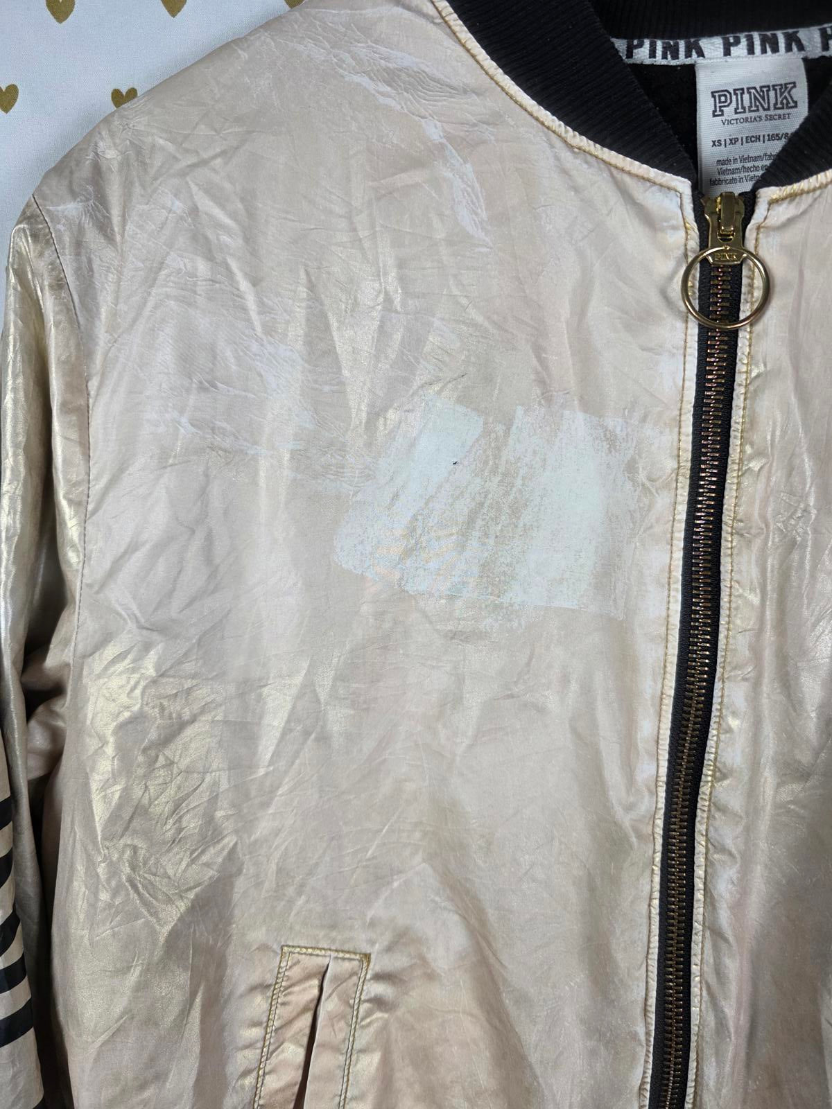 Victorias Secret Pink Beige Gold Bomber Jacket Logo Full Zip Coat XS Oversized