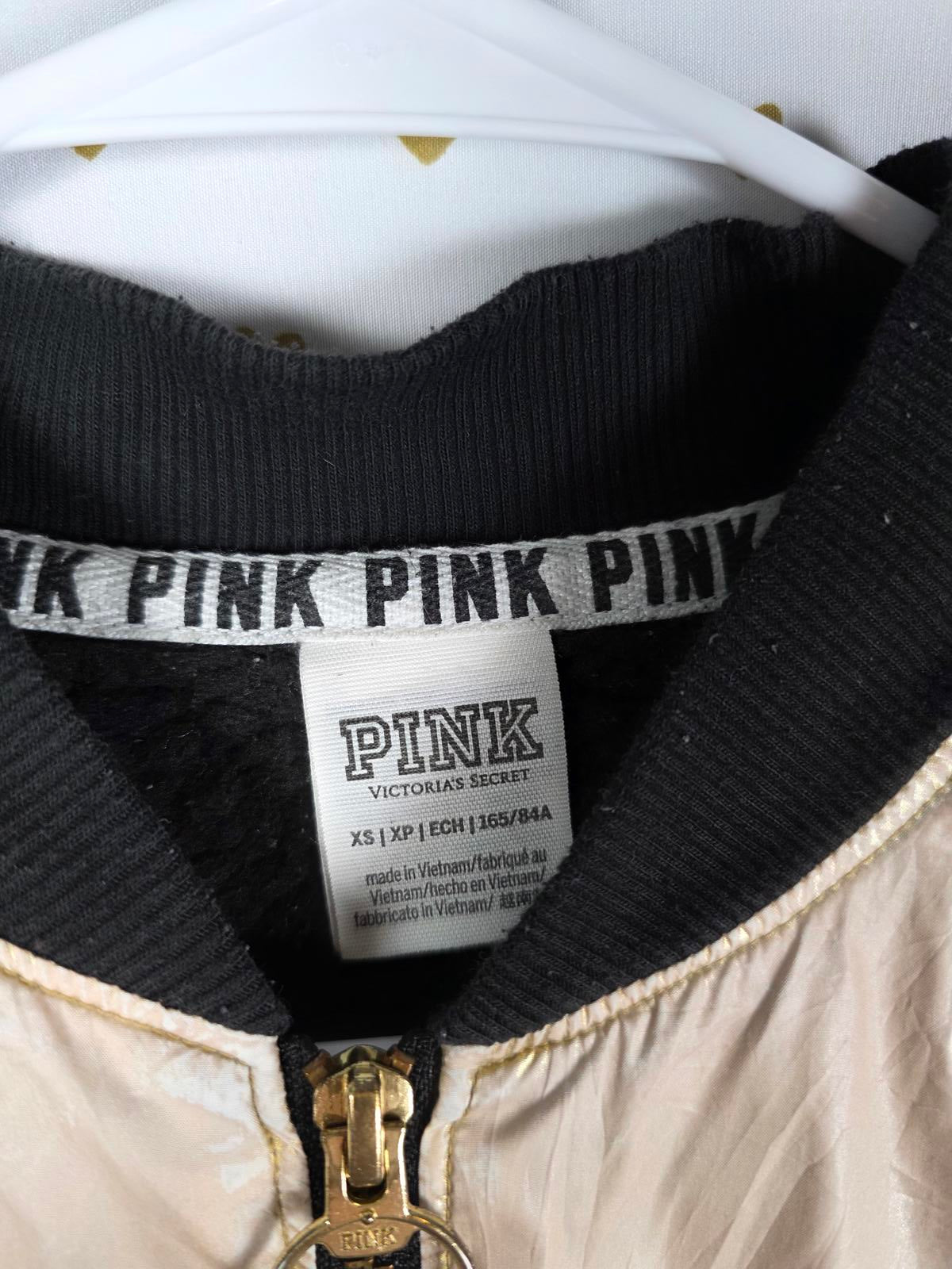 Victorias Secret Pink Beige Gold Bomber Jacket Logo Full Zip Coat XS Oversized
