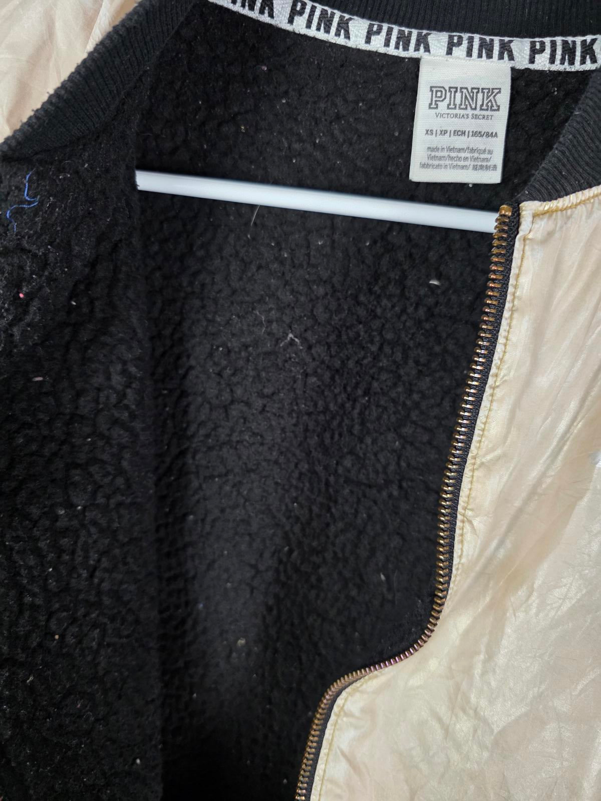 Victorias Secret Pink Beige Gold Bomber Jacket Logo Full Zip Coat XS Oversized