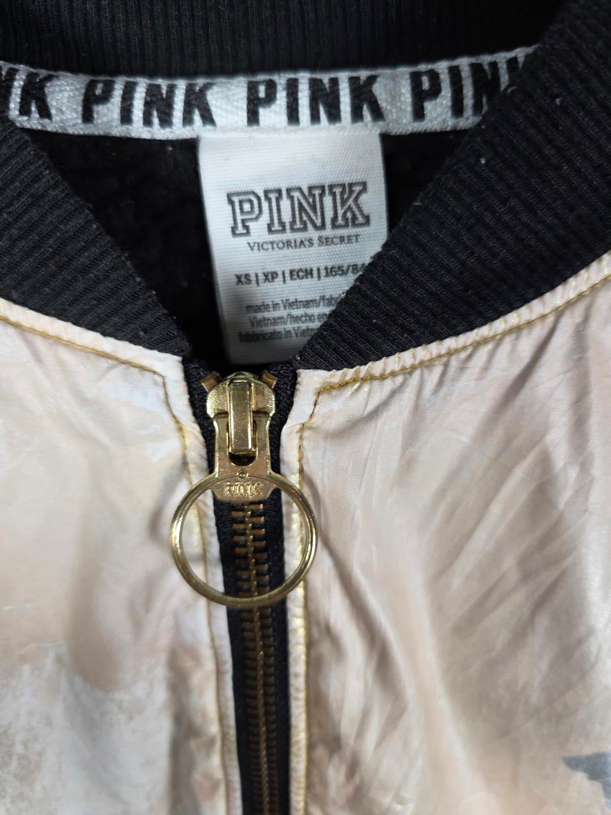 Victorias Secret Pink Beige Gold Bomber Jacket Logo Full Zip Coat XS Oversized