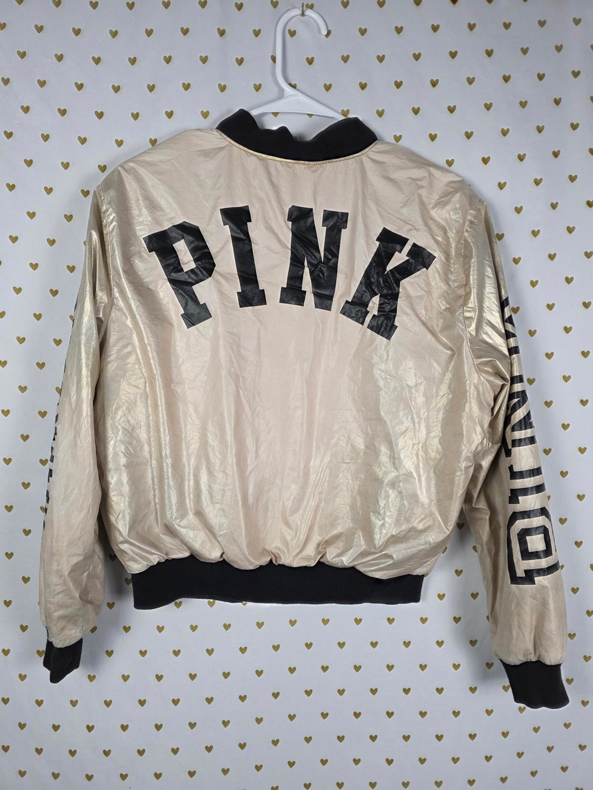 Victorias Secret Pink Beige Gold Bomber Jacket Logo Full Zip Coat XS Oversized