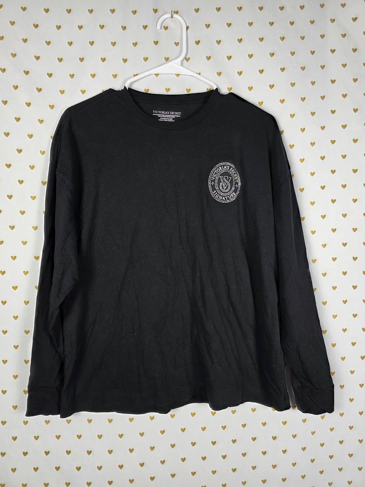 Victorias Secret PINK SIGNATURE Long sleeve tee Shirt Black BLING STUDDED SMALL
