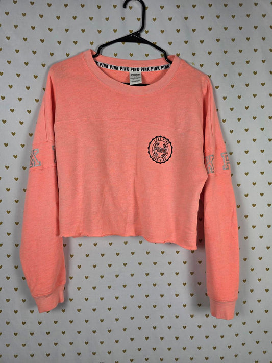 Victorias Secret Pink Neon Cropped Logo Long Sleeve Sweater Shirt SMALL
