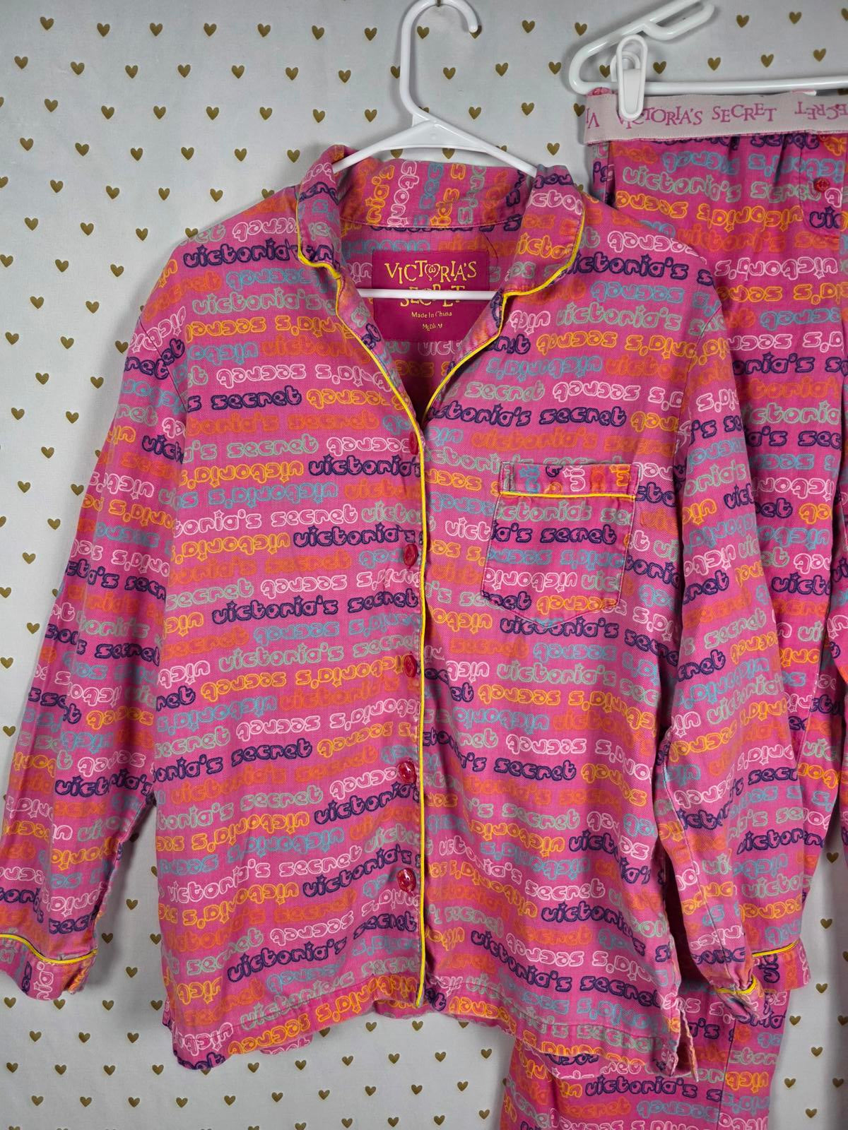 VINTAGE Victorias Secret Flannel PJ Pajama Set MEDIUM Cotton Shirt Pants Logo