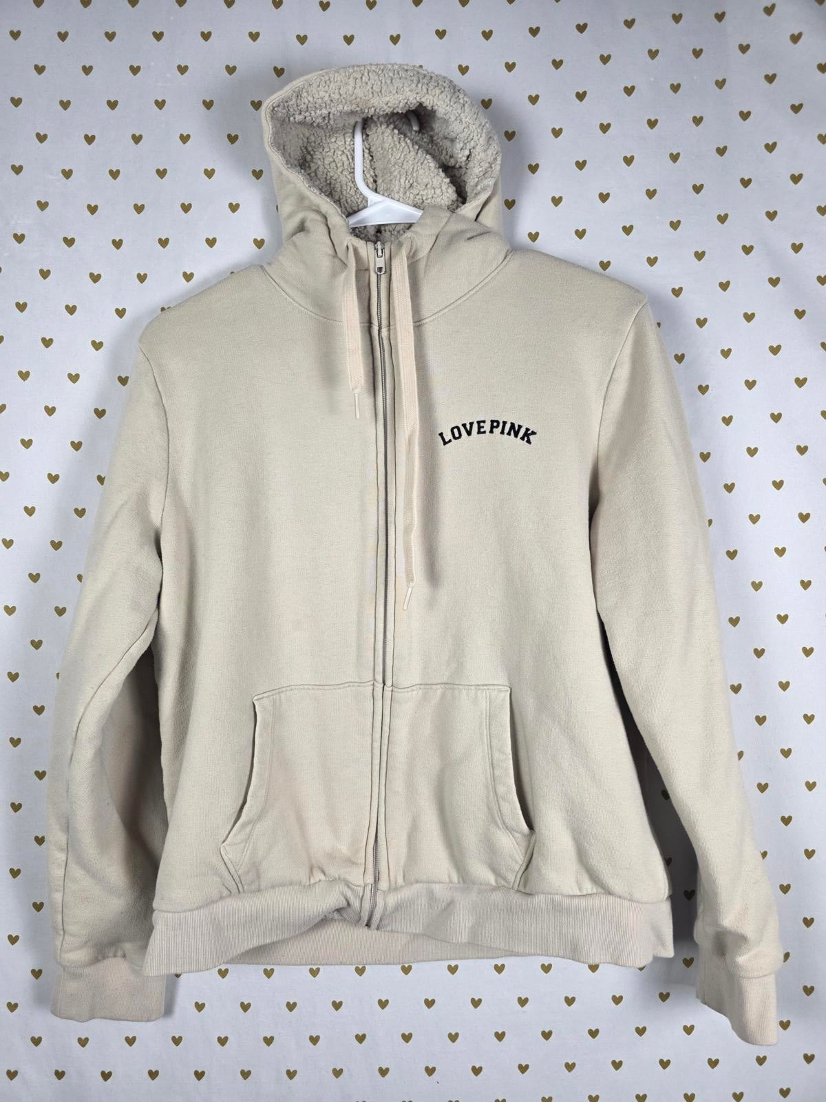 Victorias Secret Pink Sherpa Lined Fur Full Zip Jacket LOVE Beige LARGE