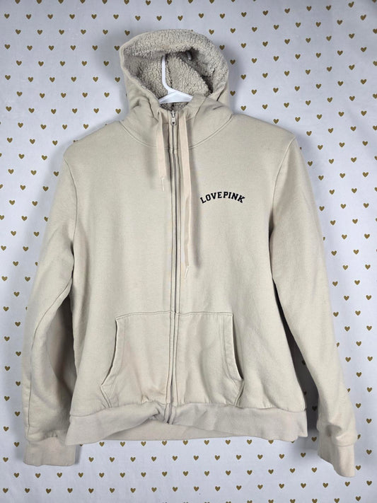 Victorias Secret Pink Sherpa Lined Fur Full Zip Jacket LOVE Beige LARGE