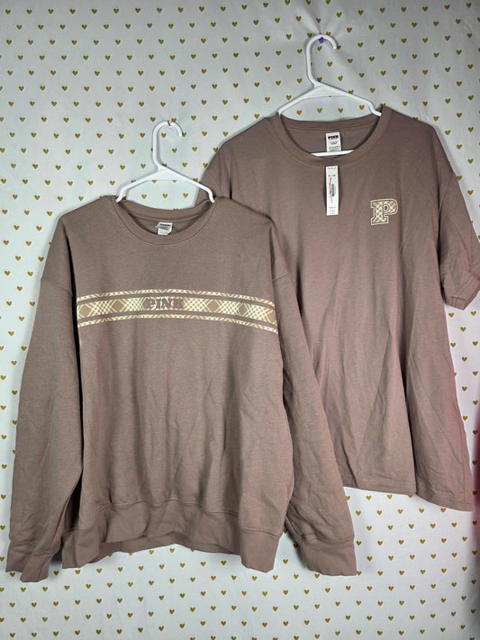 Victorias Secret Pink SET Sweater & Tee Shirt NEW NWT XL Crew Logo Matching