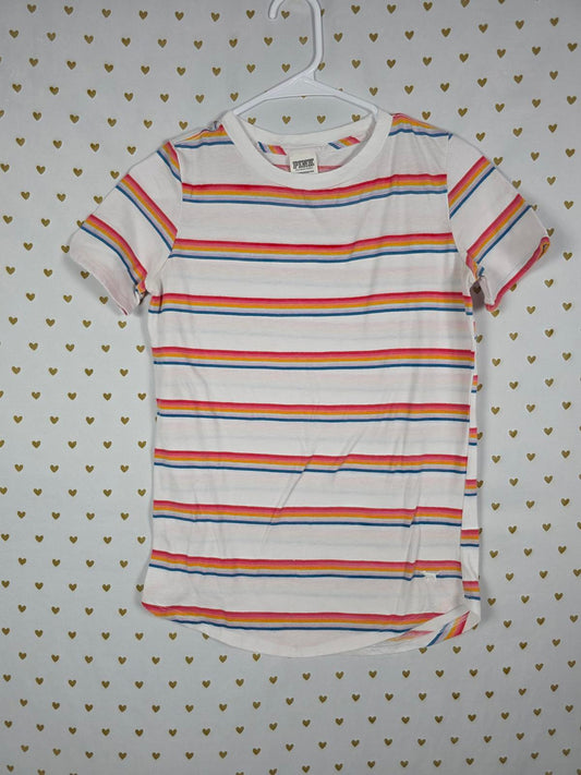 Victorias Secret PINK Rainbow Stripe Tee shirt Dog Logo Embroidered  XS