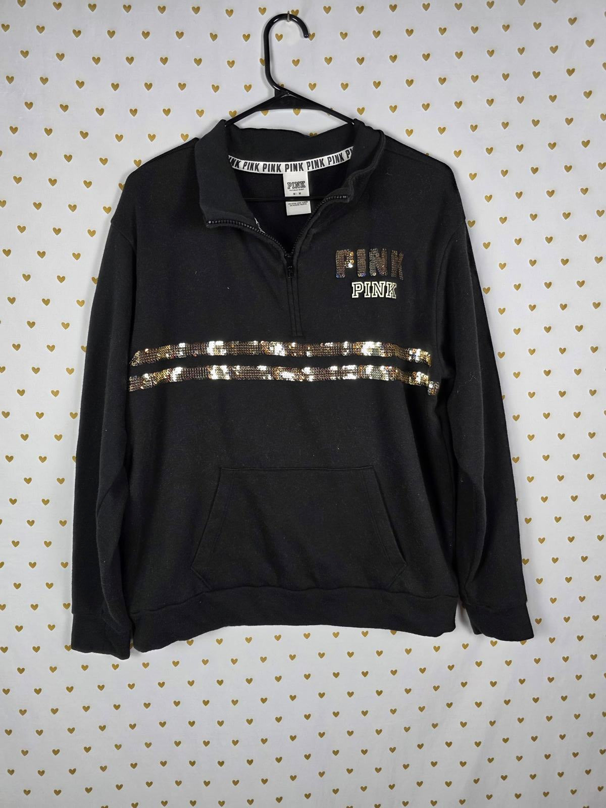 Victorias Secret Pink BLING Quarter Zip Gold Bling Long sleeve sweater shirt MED