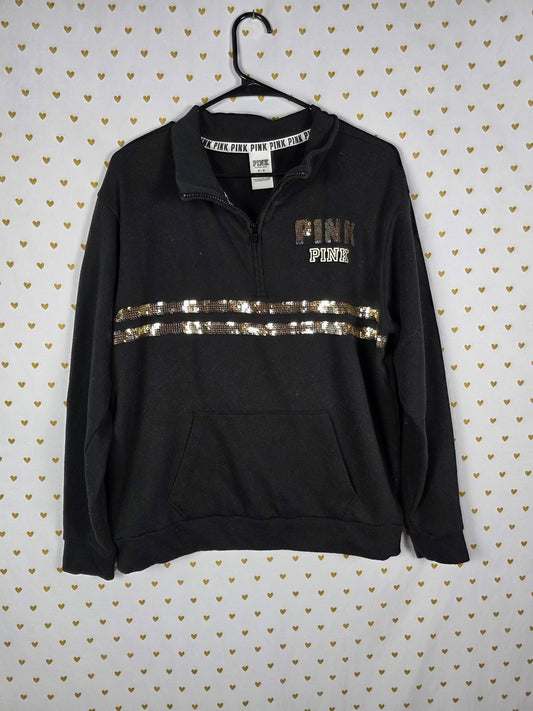 Victorias Secret Pink BLING Quarter Zip Gold Bling Long sleeve sweater shirt MED