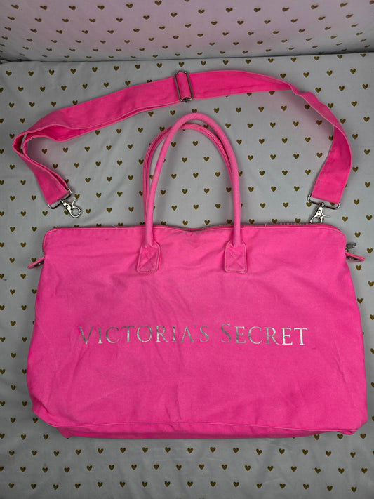 Victoria's Secret NEON PINK Tote Canvas Logo Duffel Bag Purse Long Strap