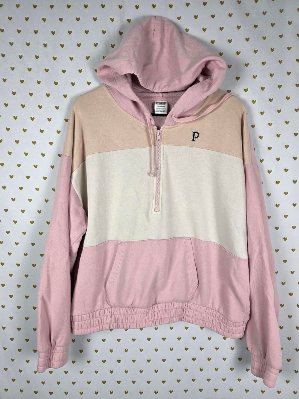 Victorias Secret Pink HOODED Logo Quarter Zip Sweater Hoodie LARGE Colorblock