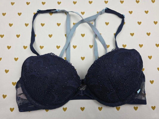 Victorias Secret Blue Front Close Strappy Caged Push Up Bra 32C