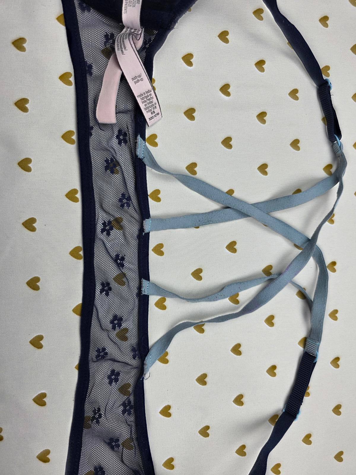 Victorias Secret Blue Front Close Strappy Caged Push Up Bra 32C