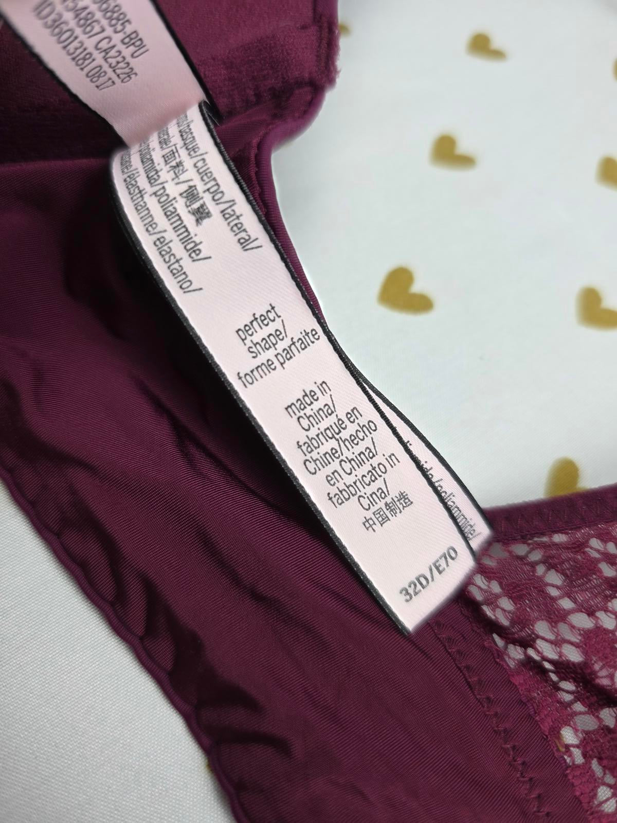 Victorias Secret Maroon Strappy Lace Front Close Perfect shape Bra 32D
