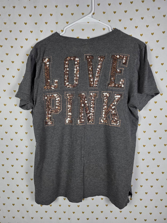 Victorias Secret PINK LARGE Bling SEQUINED ROSE GOLD Tee Shirt GREY