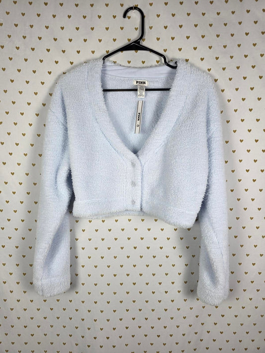 Victorias Secret Pink NEW NWT Blue Fleece Cropped Cardigan Sweater MEDIUM