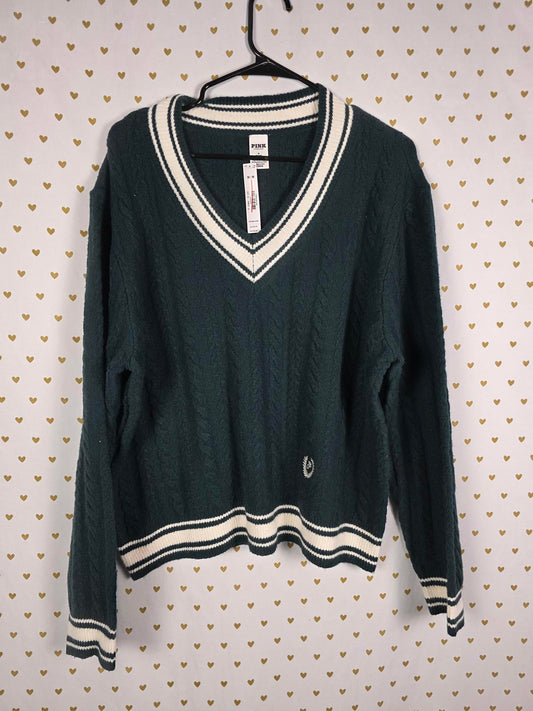 Victorias Secret Pink NEW NWT Green Cable Knit sweater top V Neck MEDIUM