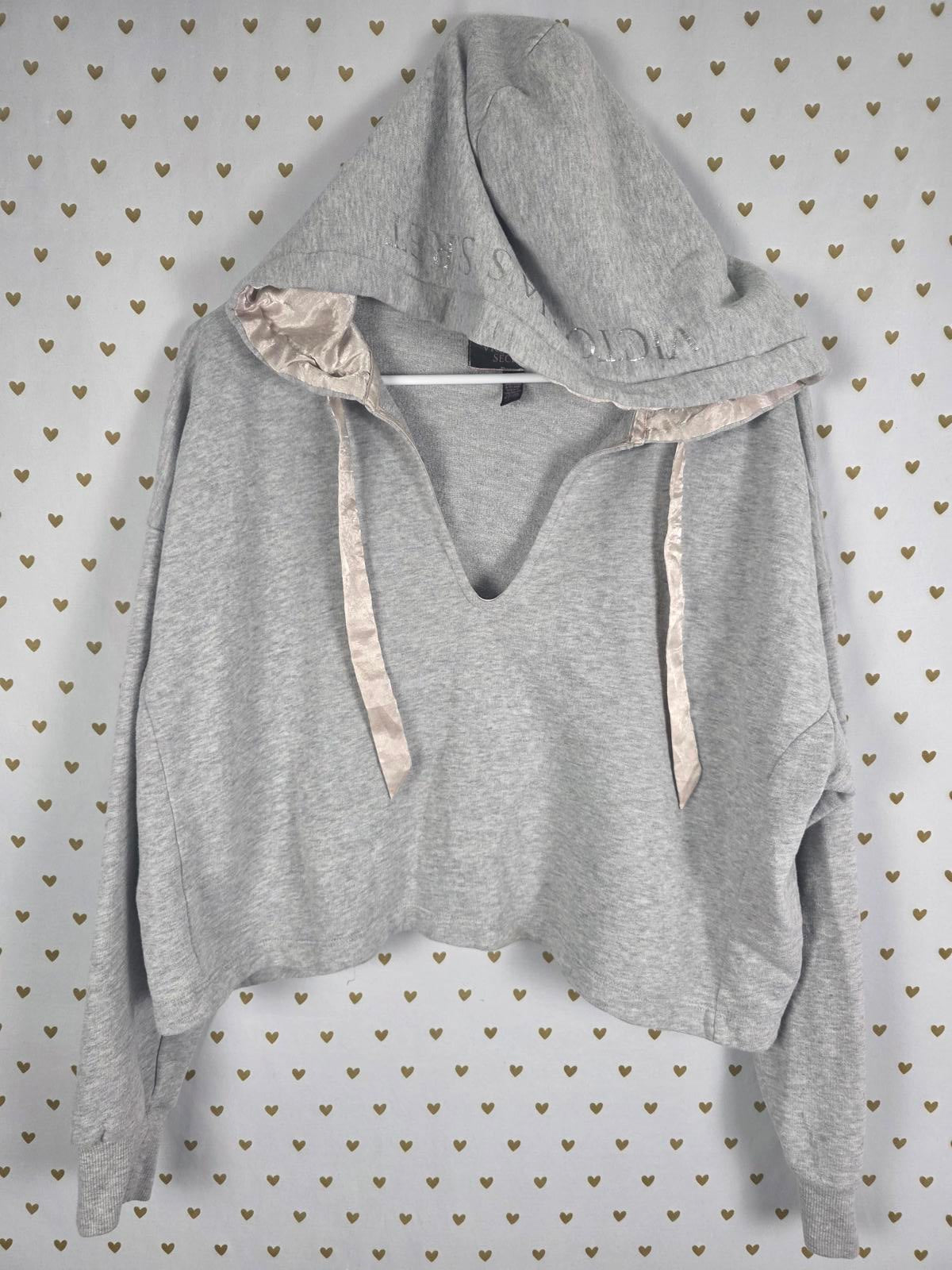 Victorias Secret Grey Satin Lined Hoodie Sweater V neck Cropped SMALL