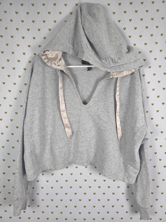 Victorias Secret Grey Satin Lined Hoodie Sweater V neck Cropped SMALL