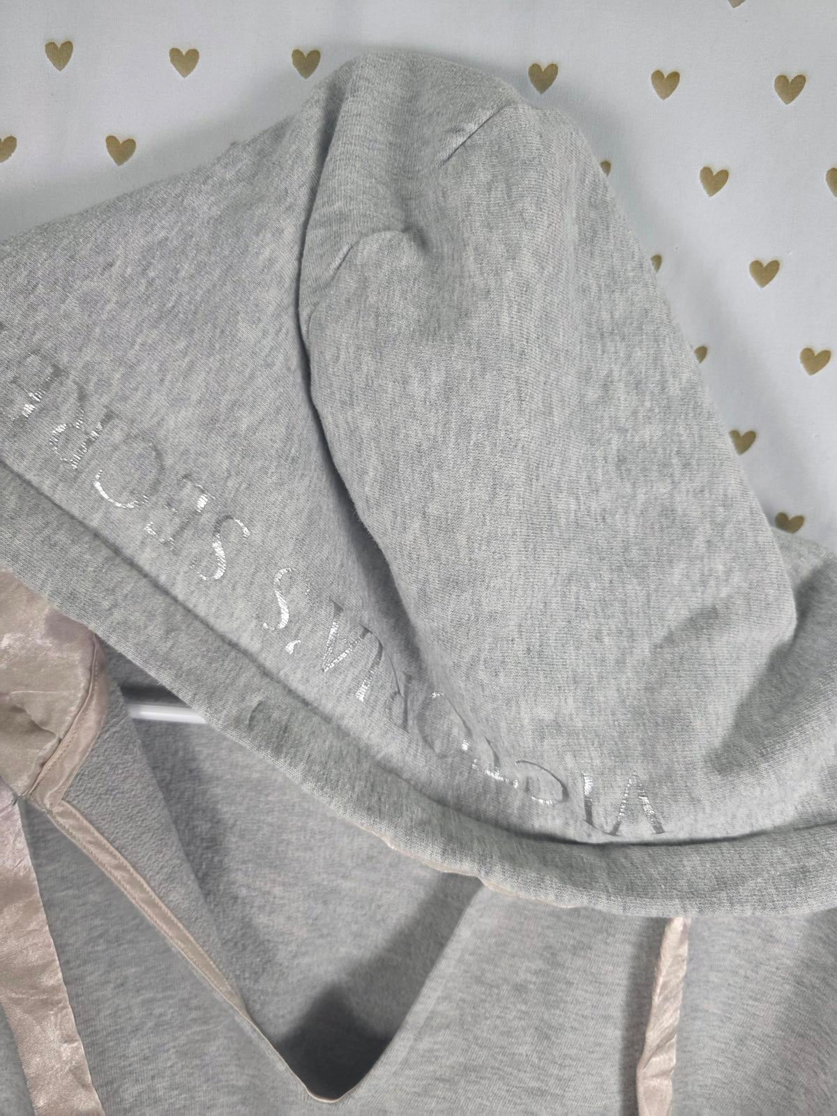 Victorias Secret Grey Satin Lined Hoodie Sweater V neck Cropped SMALL