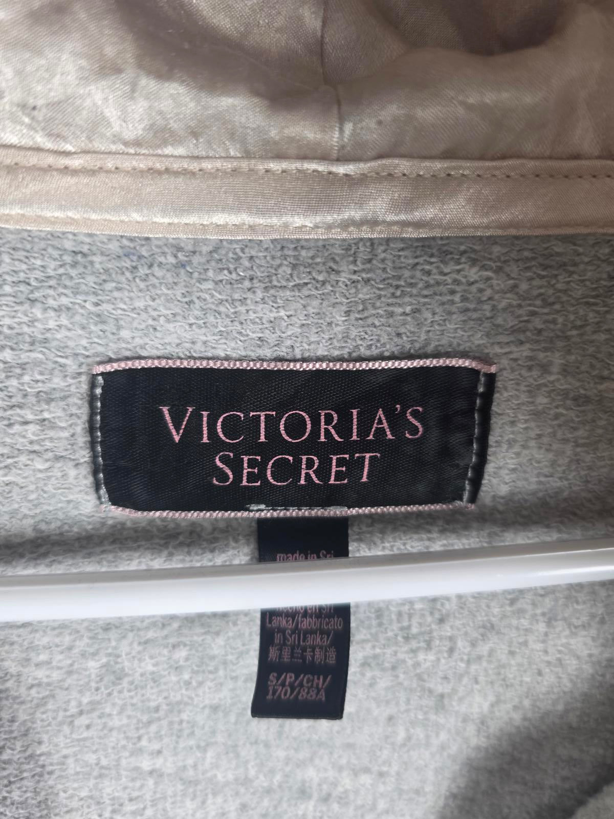 Victorias Secret Grey Satin Lined Hoodie Sweater V neck Cropped SMALL