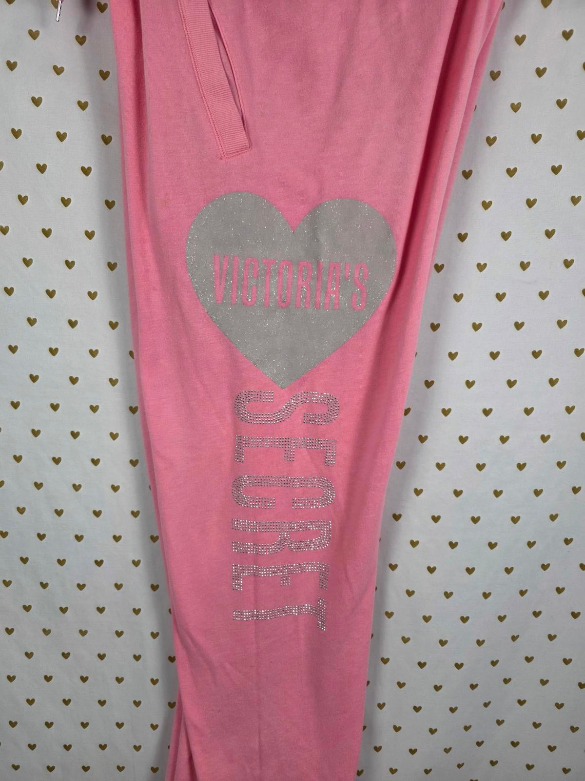 Victorias Secret RARE Heart HTF Bling Glitter Sweatpants straight Leg Pants L