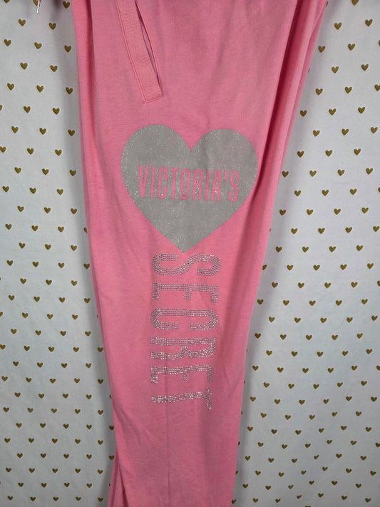 Victorias Secret RARE Heart HTF Bling Glitter Sweatpants straight Leg Pants L