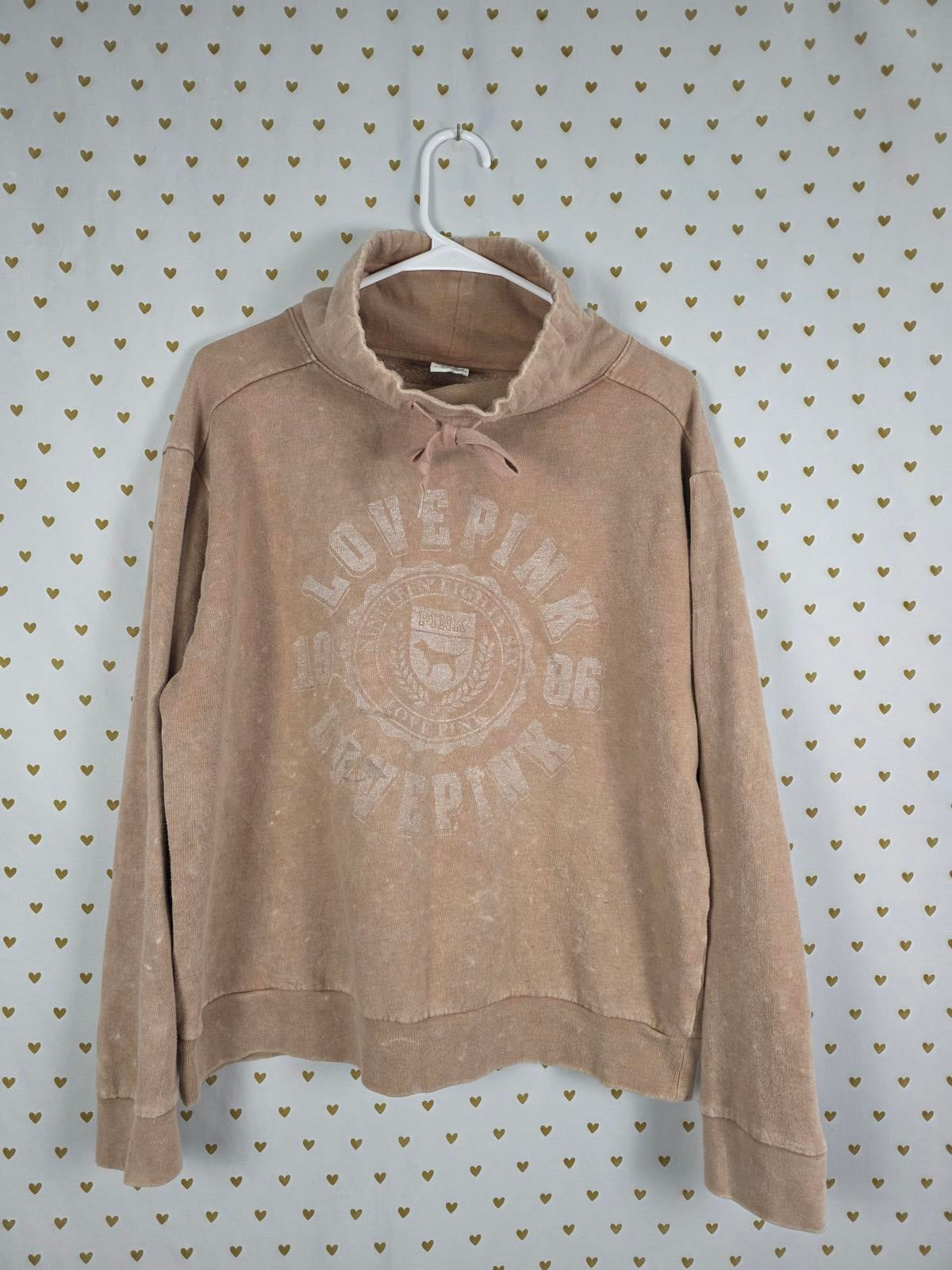 Victorias Secret Pink Vintage Style Cown Neck Brown Logo Sweater Shirt MEDIUM