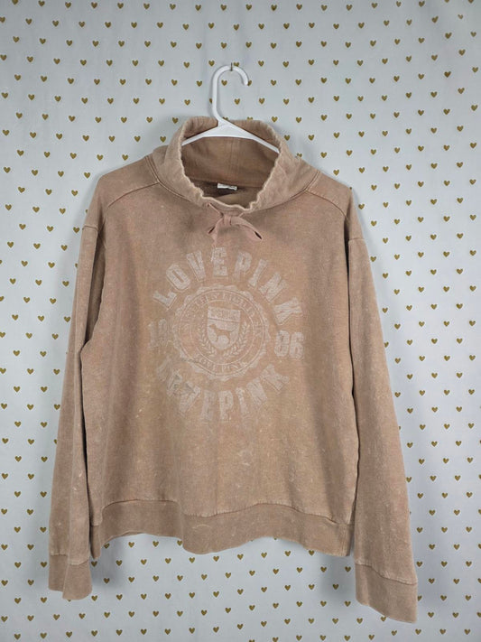 Victorias Secret Pink Vintage Style Cown Neck Brown Logo Sweater Shirt MEDIUM
