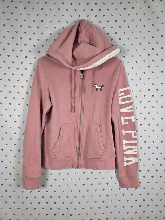 Victorias Secret Pink Sherpa Lined Hood Dog Logo LOVE Full zip sweater Jacket M