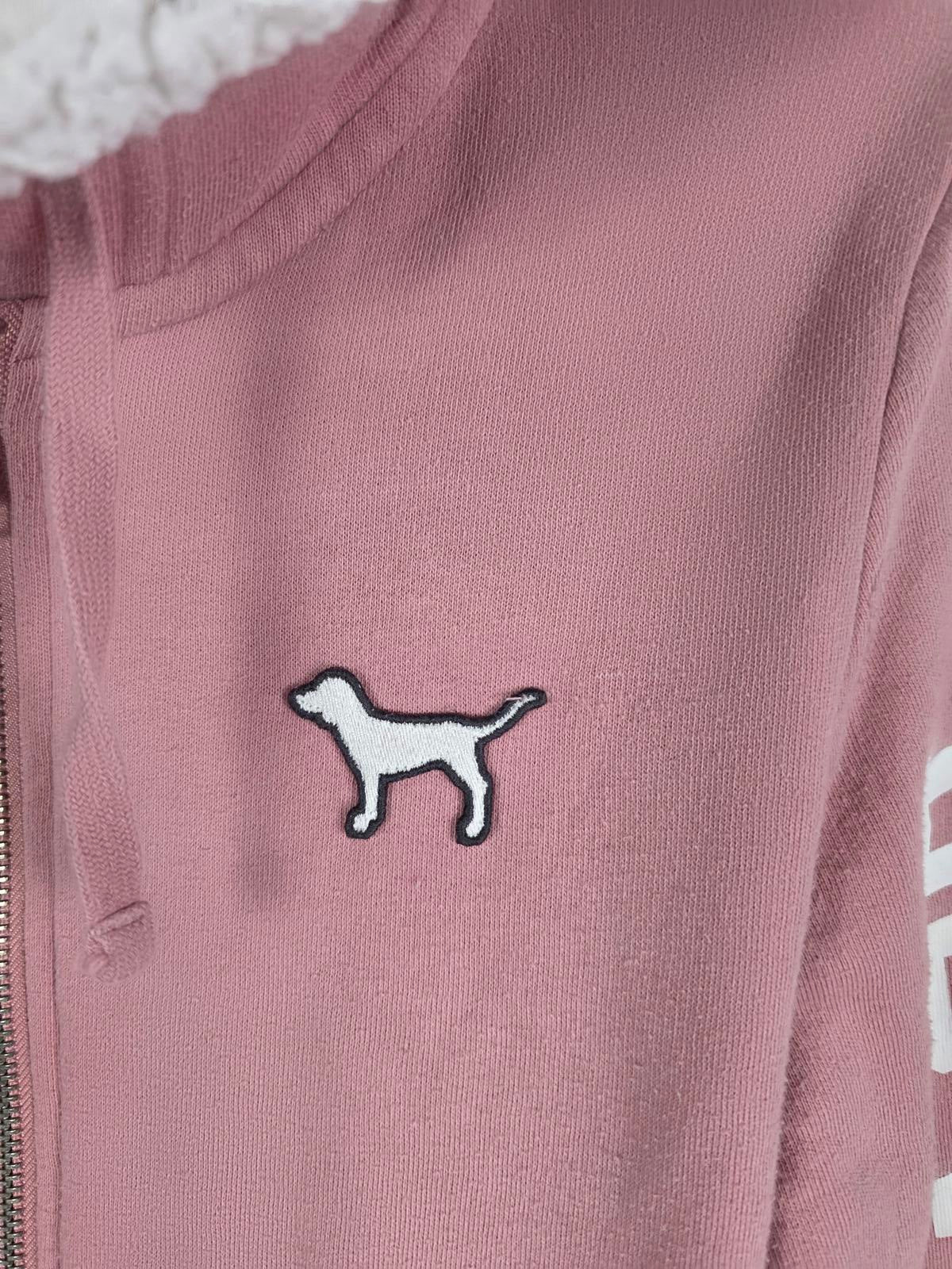Victorias Secret Pink Sherpa Lined Hood Dog Logo LOVE Full zip sweater Jacket M