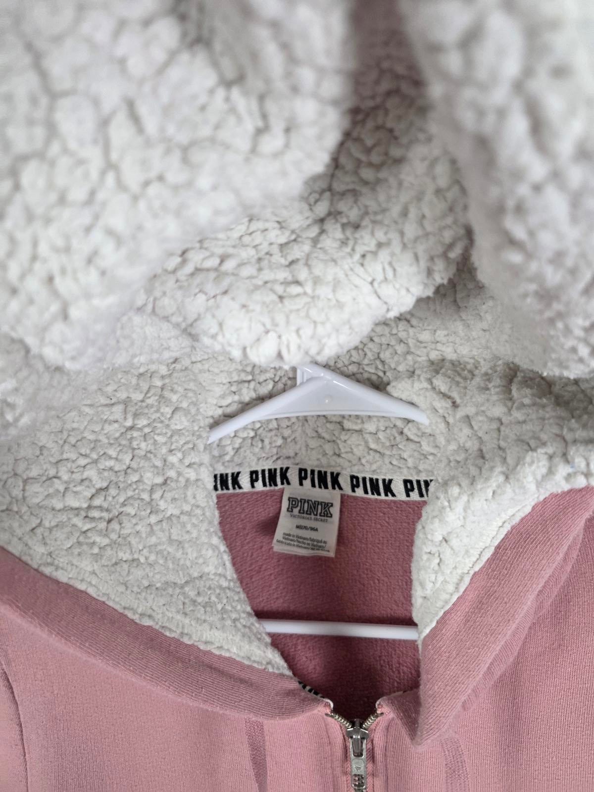 Victorias Secret Pink Sherpa Lined Hood Dog Logo LOVE Full zip sweater Jacket M